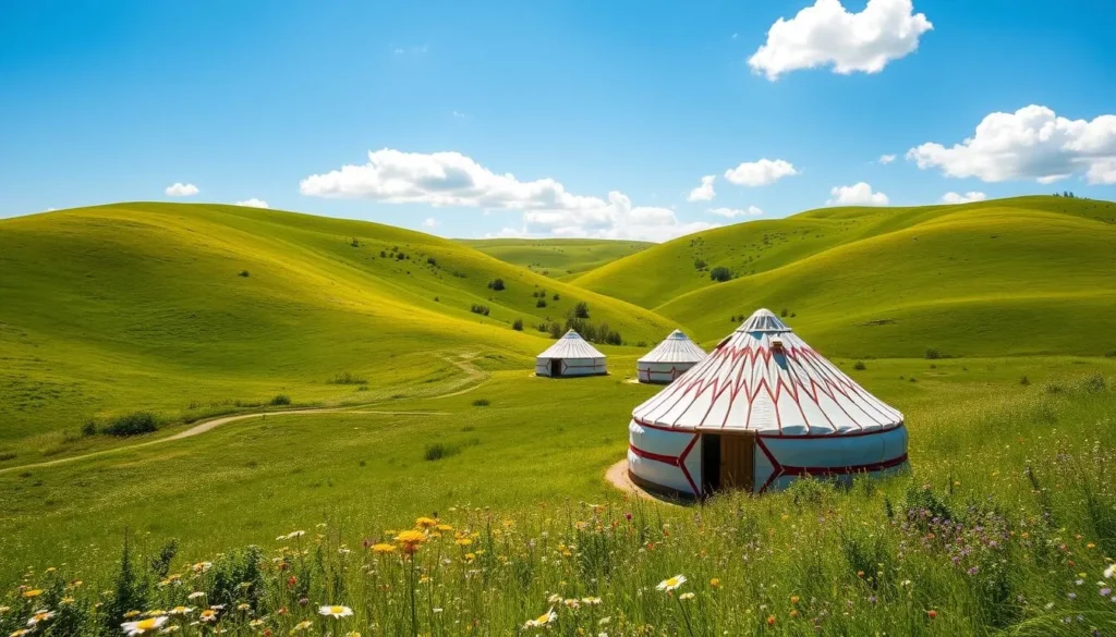 Summer landscape in Bashkortostan showing lush green hills and traditional Bashkir yurts in the countryside Summer landscape in Bashkortostan showing lush green hills and traditional Bashkir yurts in the countryside