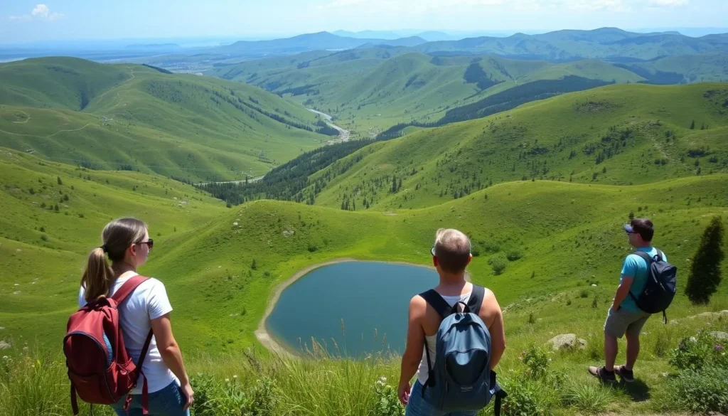 Summer landscape in Magadan Oblast with tourists enjoying outdoor activities