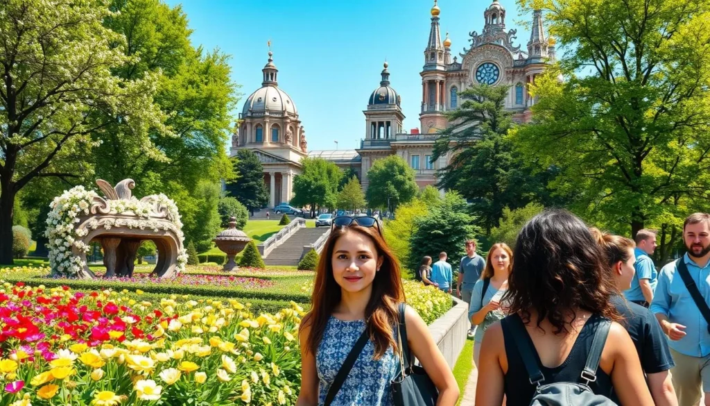 Summer scene in Ryazan Oblast with tourists enjoying Cathedral Park and blooming flowers Summer scene in Ryazan Oblast with tourists enjoying Cathedral Park and blooming flowers