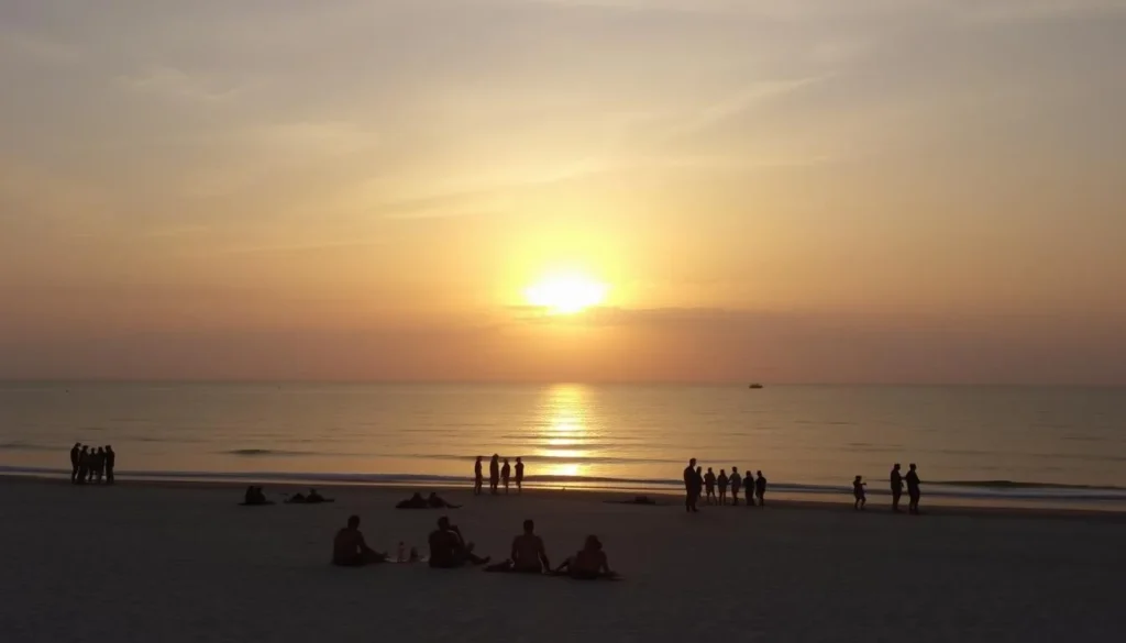 Summer sunset at Grand Isle State Park beach with golden light reflecting on calm Gulf waters Summer sunset at Grand Isle State Park beach with golden light reflecting on calm Gulf waters