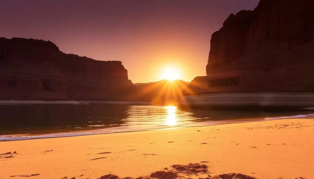 Summer sunset at Wahweap Swim Beach Lake Powell with golden light reflecting on the water and sandstone cliffs