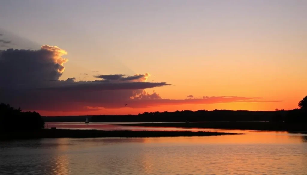 Summer sunset over Rend Lake with boats in the distance