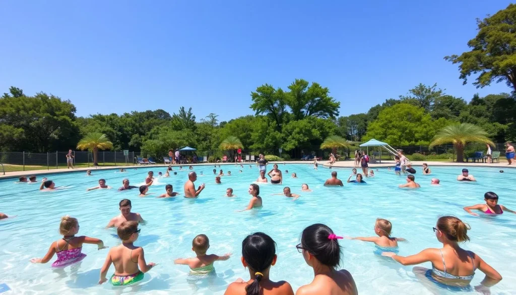 Summer view of Chemin-A-Haut State Park Louisiana showing the swimming pool area with families enjoying a sunny day
