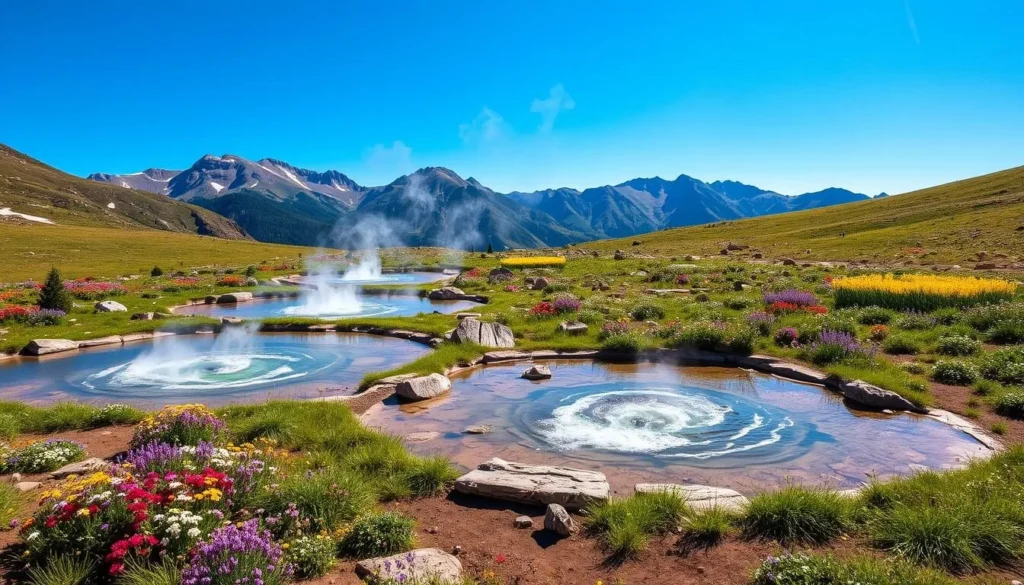Summer view of Conundrum Hot Springs Colorado with wildflowers in bloom Summer view of Conundrum Hot Springs Colorado with wildflowers in bloom
