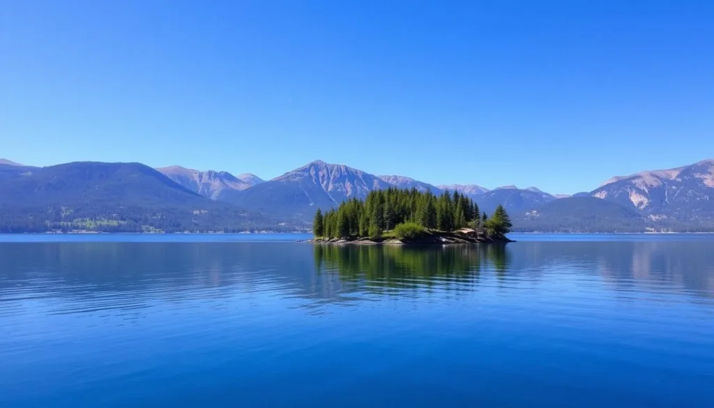 Summer view of Granite Island in Lake Granby with perfect blue skies and calm waters Summer view of Granite Island in Lake Granby with perfect blue skies and calm waters