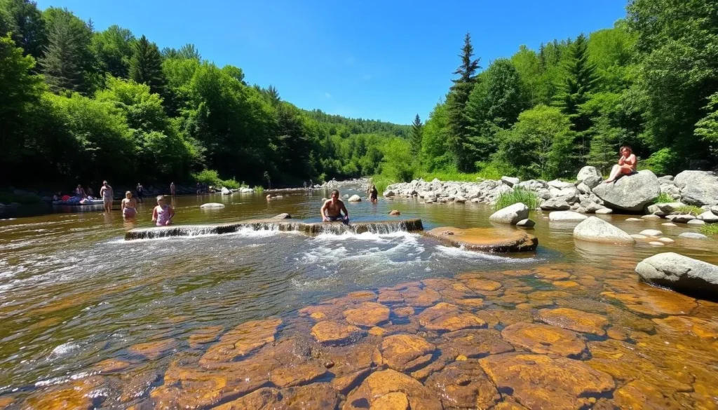 Summer view of Loyalsock Creek at Worlds End State Park with people enjoying swimming and rock hopping