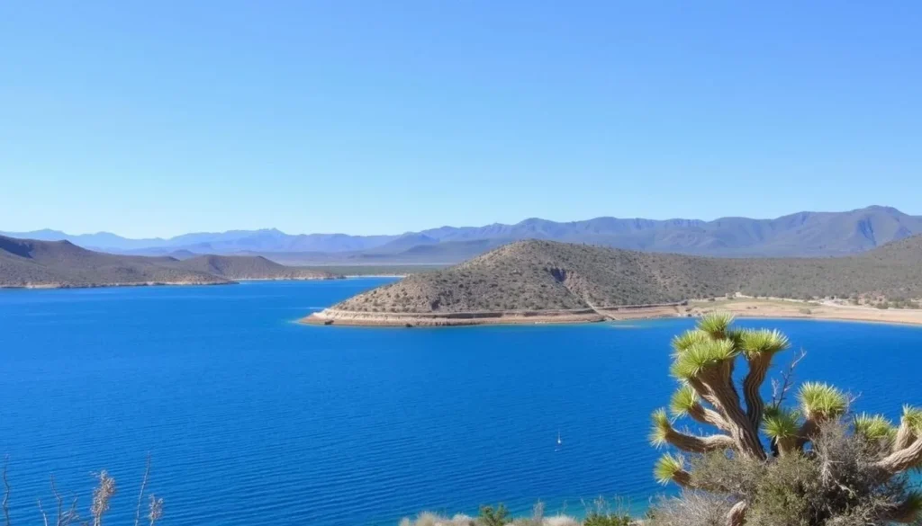 Summer view of Santa Rosa Lake State Park showing the lake and surrounding landscape under clear blue skies Summer view of Santa Rosa Lake State Park showing the lake and surrounding landscape under clear blue skies