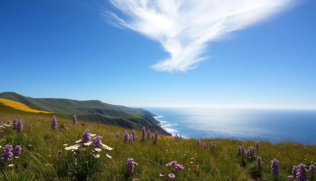 Summer view of Sinkyone Wilderness State Park showing clear skies and coastal scenery Summer view of Sinkyone Wilderness State Park showing clear skies and coastal scenery
