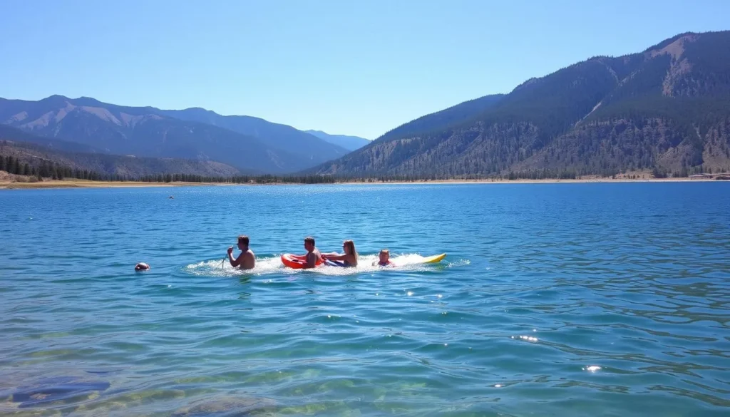 Summer view of Storrie Lake State Park with people enjoying water activities Summer view of Storrie Lake State Park with people enjoying water activities