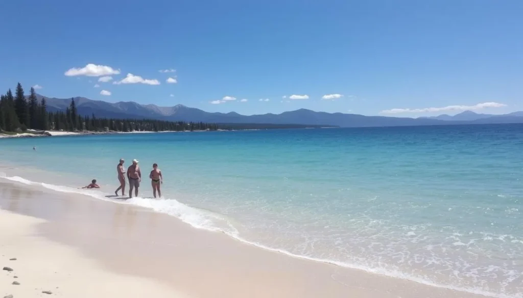Summer view of Tahoe State Recreation Area beach with crystal clear waters and mountains in background Summer view of Tahoe State Recreation Area beach with crystal clear waters and mountains in background