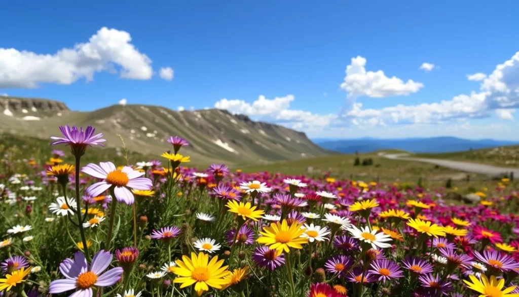 Summer wildflowers along Black Bear Pass Road Colorado with mountain backdrop Summer wildflowers along Black Bear Pass Road Colorado with mountain backdrop