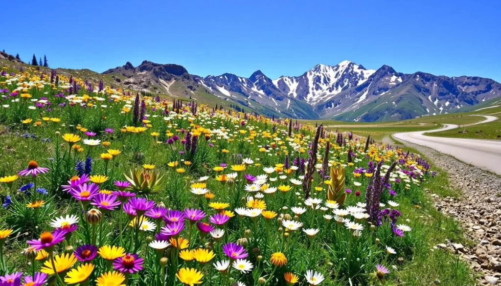 Summer wildflowers blooming along Engineer Pass Road with mountain backdrop Summer wildflowers blooming along Engineer Pass Road with mountain backdrop