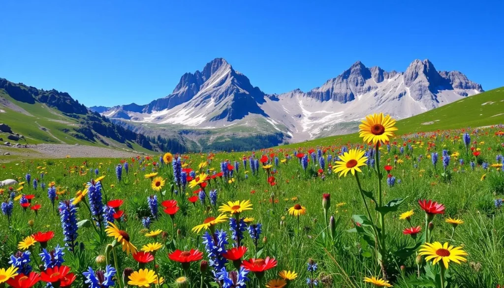 Summer wildflowers blooming in Holy Cross Wilderness meadow with mountain backdrop