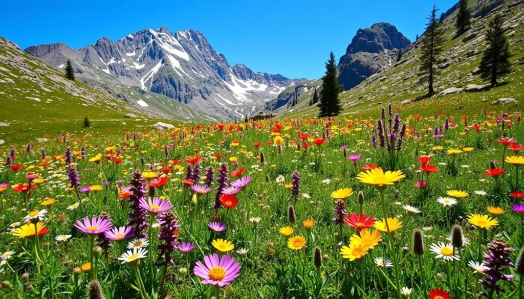 Summer wildflowers blooming in Latir Peak Wilderness alpine meadows with mountains in background Summer wildflowers blooming in Latir Peak Wilderness alpine meadows with mountains in background