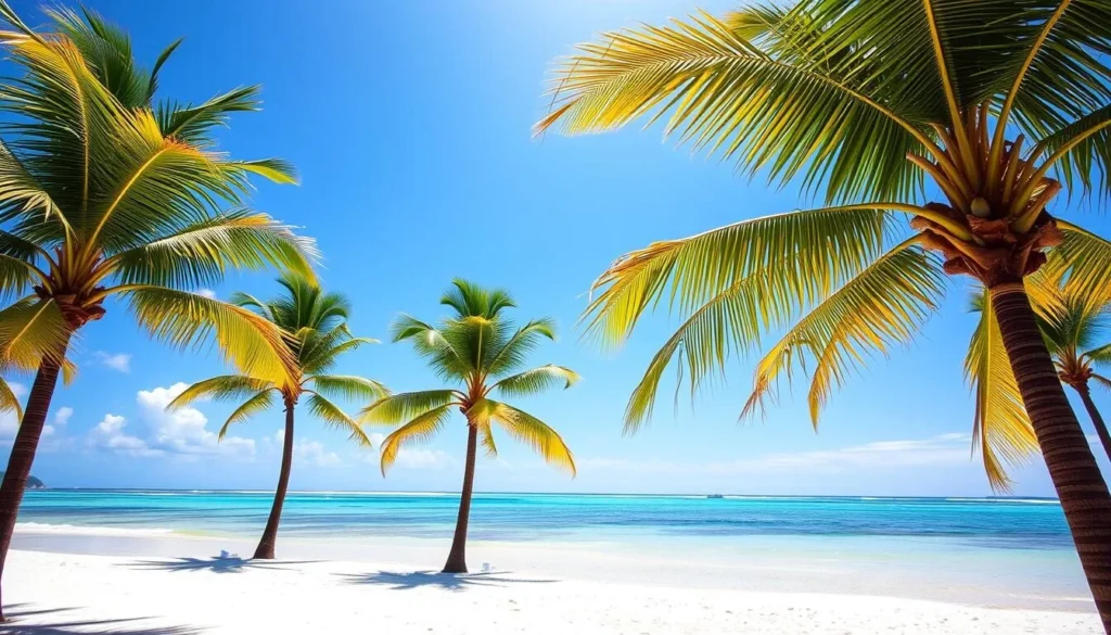 Sunny beach day in Bayahibe with palm trees and clear blue skies