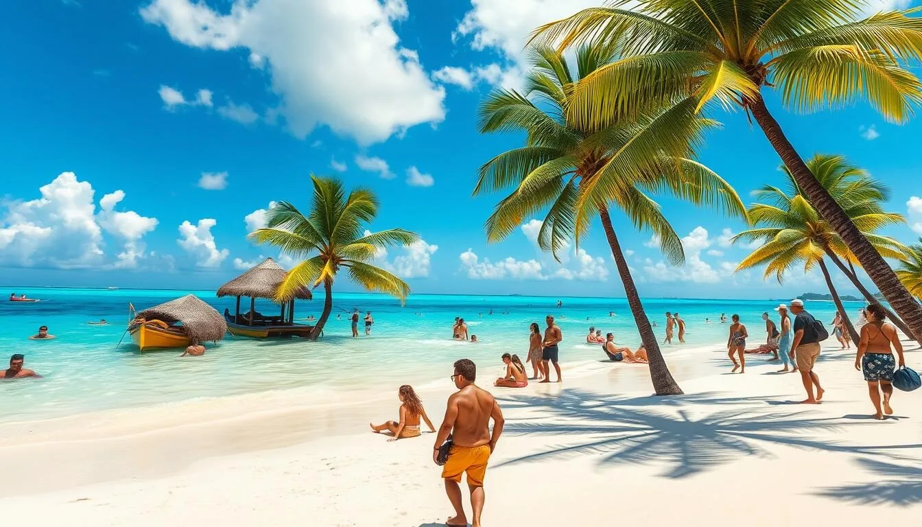 Sunny beach day on New Providence Island with palm trees and tourists enjoying perfect weather