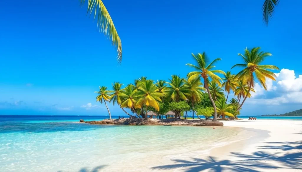 Sunny day at Saona Island beach with perfect weather conditions and palm trees in the Dominican Republic