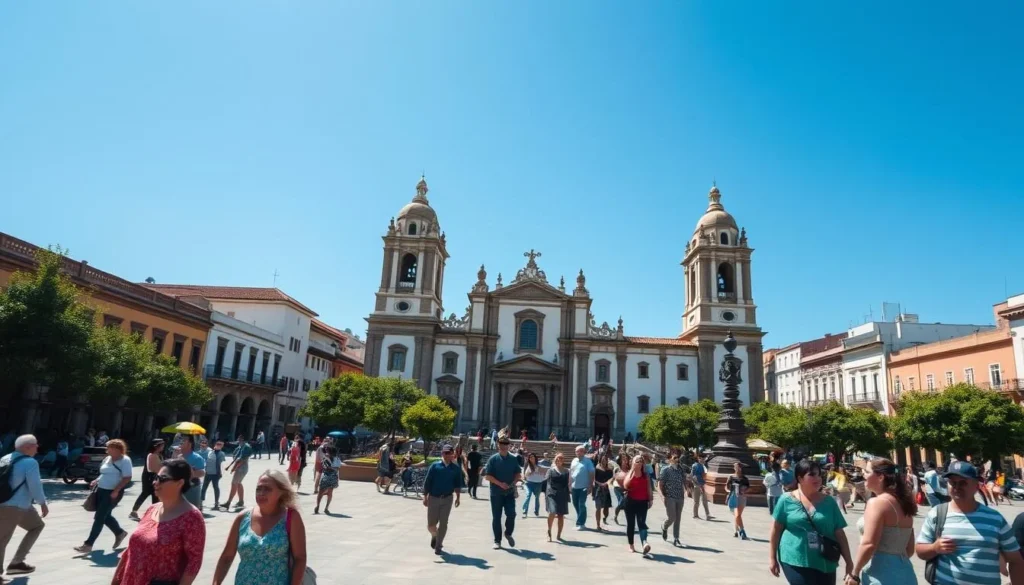 Sunny day in Puebla's Zocalo with people enjoying the central square and cathedral in the background
