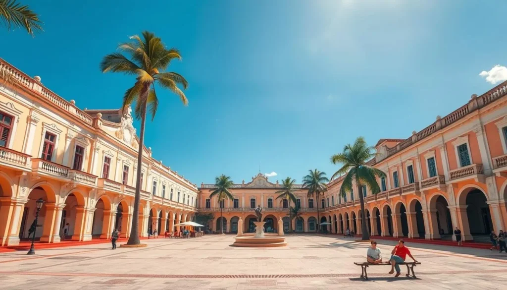 Sunny day in Yaguajay, Cuba showing the main plaza with palm trees and colonial architecture