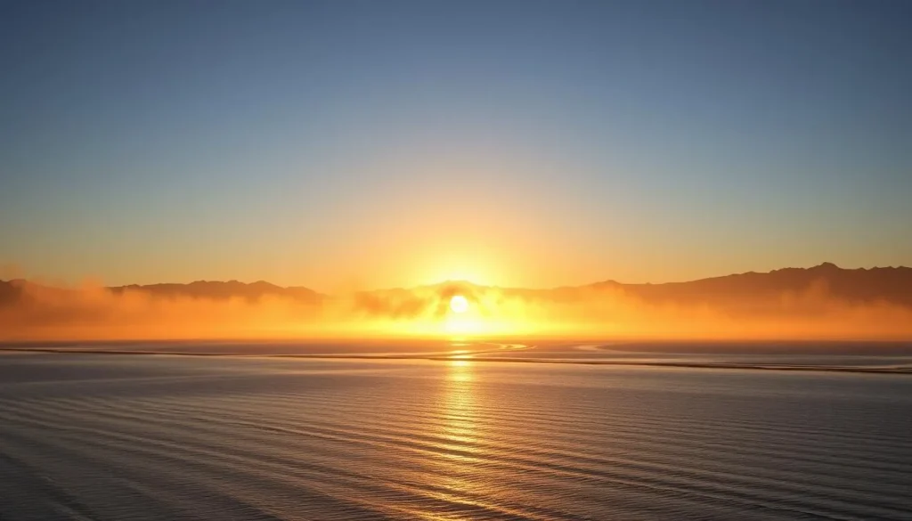 Sunrise over Eleven Mile Reservoir with mist rising from the water and mountains in background Sunrise over Eleven Mile Reservoir with mist rising from the water and mountains in background
