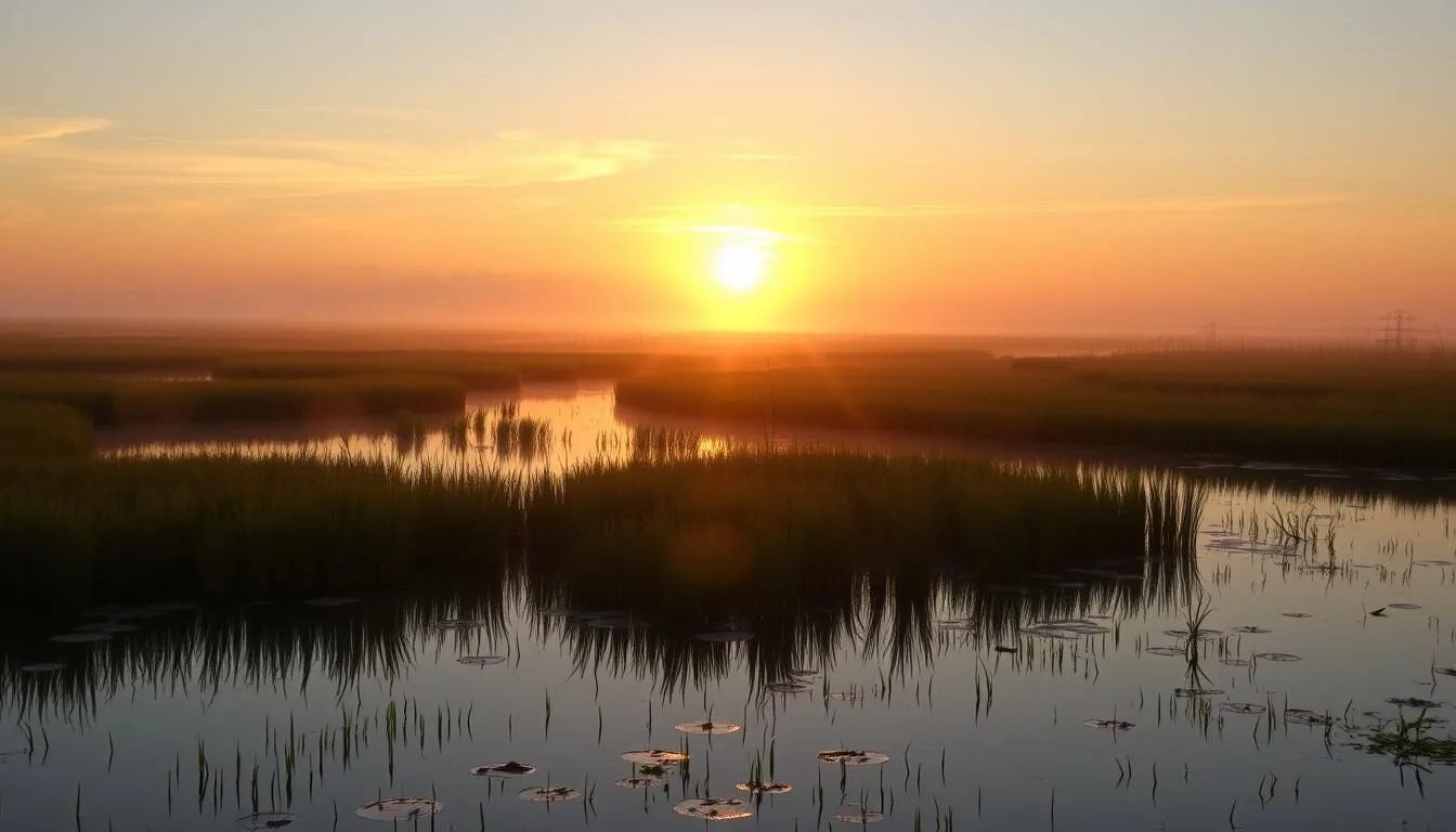 Sunrise-over-the-Lacassine-Wetlands-Louisiana-with-golden-light-reflecting-on-calm-waters-and Sunrise over the Lacassine Wetlands Louisiana with golden light reflecting on calm waters and marsh grasses