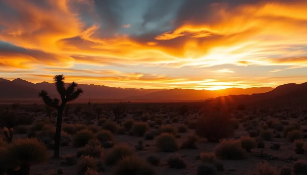 Sunrise over the Nevada desert landscape near Area 51 showing dramatic lighting for photography