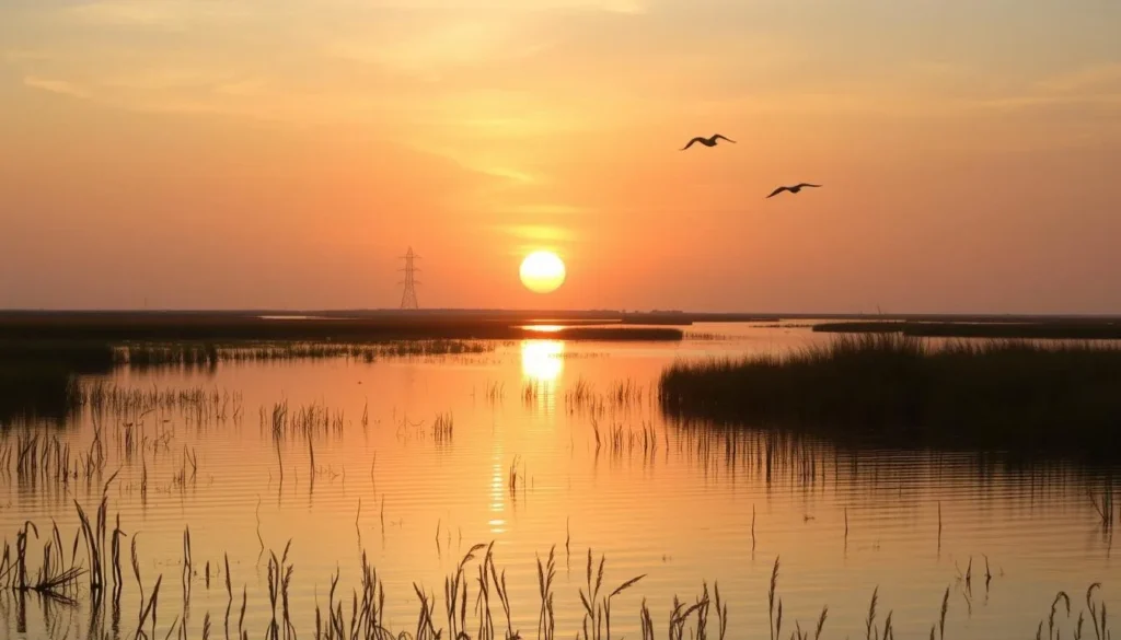 Sunrise over the marshlands near Shell Beach with birds in flight