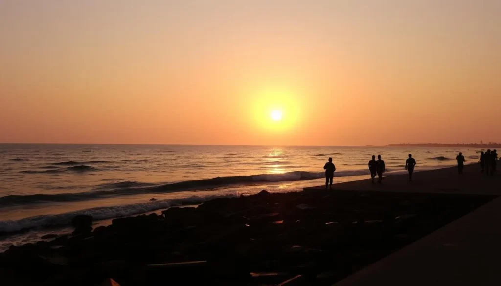 Sunrise view at Rock Beach in Pondicherry with golden light over the Bay of Bengal