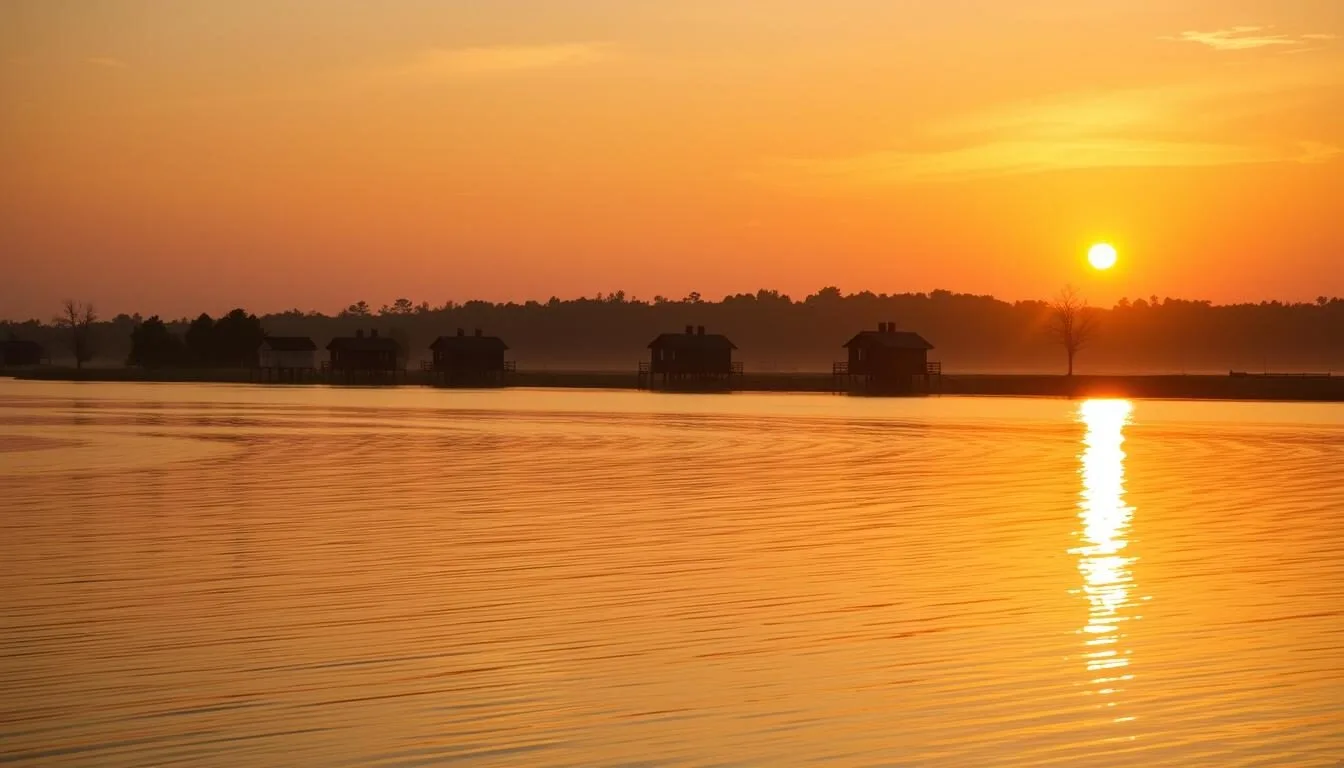 Sunrise-view-over-Poverty-Point-Reservoir-State-Park-Louisiana-with-cabins-on-stilts-over-the Sunrise view over Poverty Point Reservoir State Park Louisiana with cabins on stilts over the water