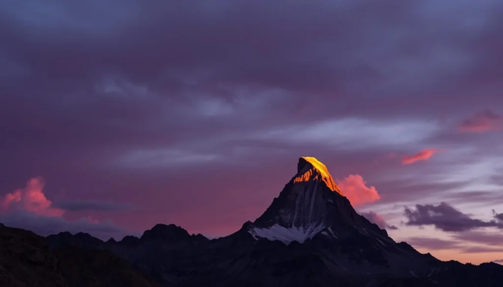 Sunset alpenglow on El Diente Peak creating a golden glow on the mountain's distinctive tooth-shaped summit Sunset alpenglow on El Diente Peak creating a golden glow on the mountain's distinctive tooth-shaped summit