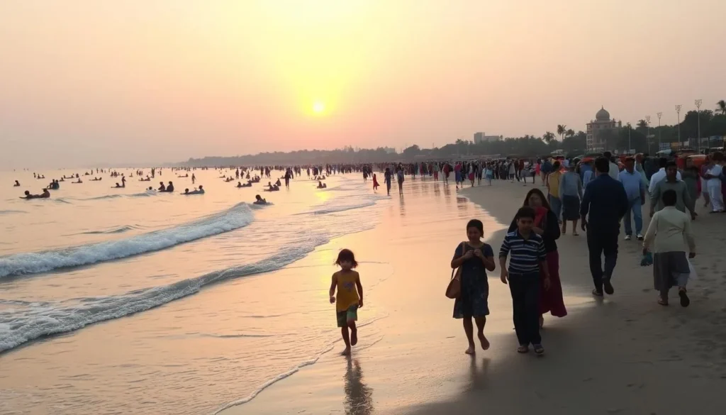 Sunset at Juhu Beach with people enjoying the shoreline - Mumbai travel guide