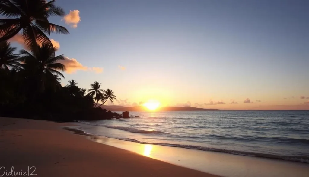 Sunset at Paradise Cove Beach Oahu Hawaii with golden light reflecting on calm waters