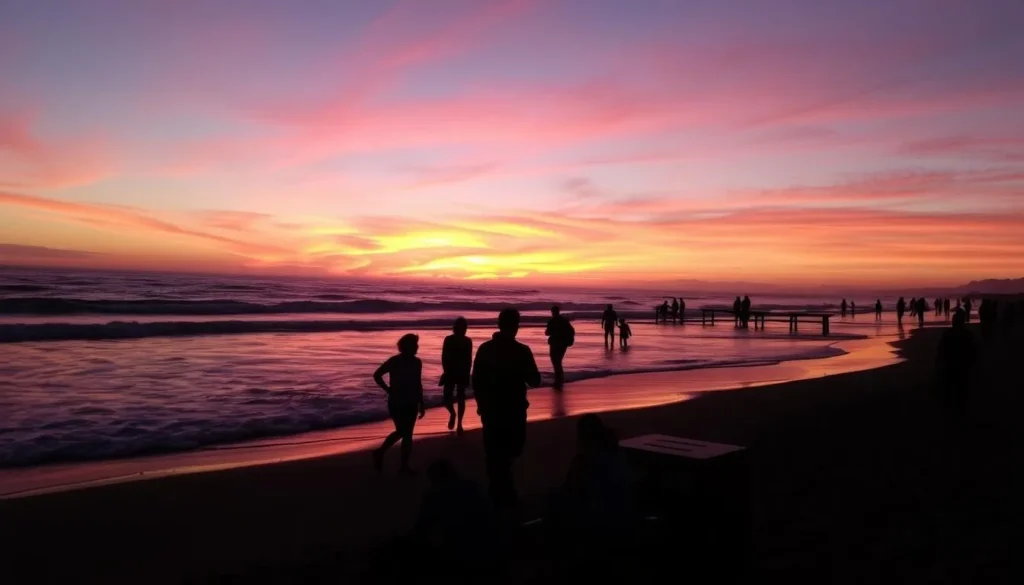 Sunset at Santa Monica State Beach with visitors enjoying the evening Sunset at Santa Monica State Beach with visitors enjoying the evening