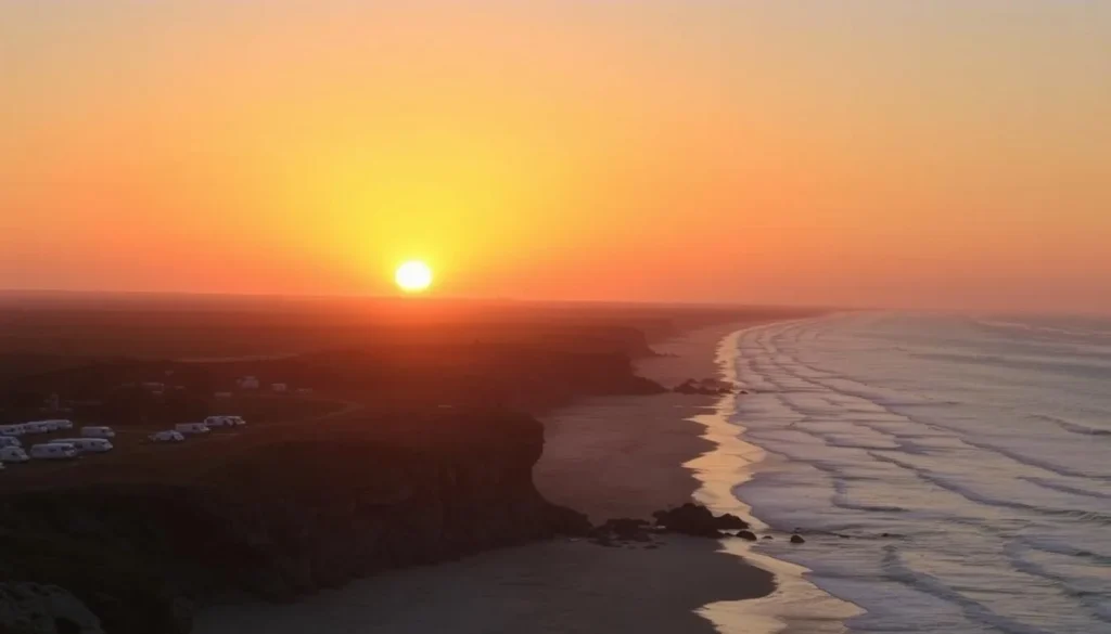 Sunset at South Carlsbad State Beach California with camping area visible