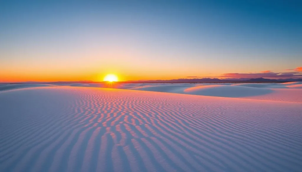 Sunset at White Sands National Park with the dunes glowing in golden light and purple hues Sunset at White Sands National Park with the dunes glowing in golden light and purple hues