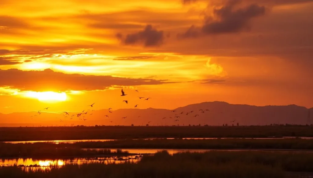 Sunset over Alamosa National Wildlife Refuge wetlands with mountains in background