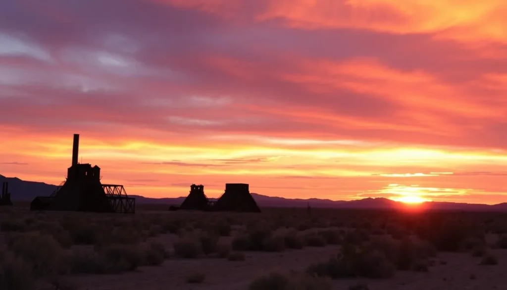 Sunset over Berlin-Ichthyosaur State Park with mining structures silhouetted Sunset over Berlin-Ichthyosaur State Park with mining structures silhouetted