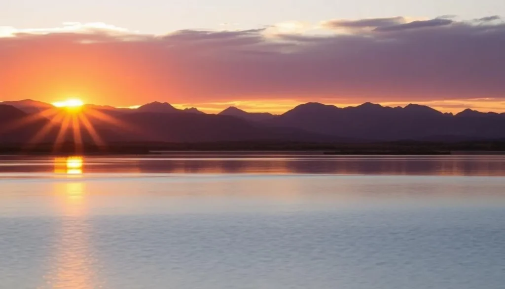 Sunset over Boyd Lake State Park with mountain reflections