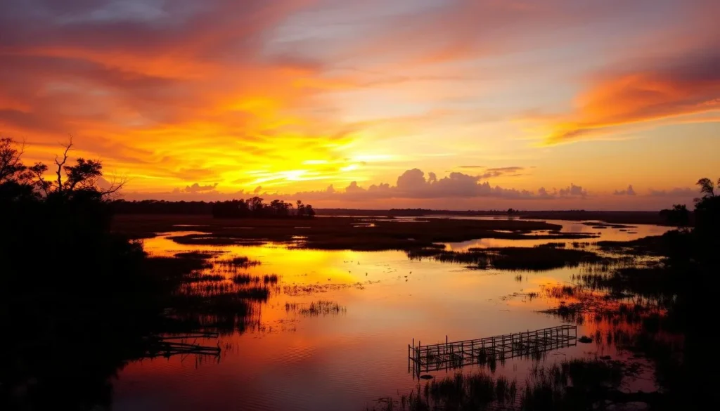 Sunset over Delta National Wildlife Refuge Louisiana showing beautiful golden hour lighting over the marshes Sunset over Delta National Wildlife Refuge Louisiana showing beautiful golden hour lighting over the marshes