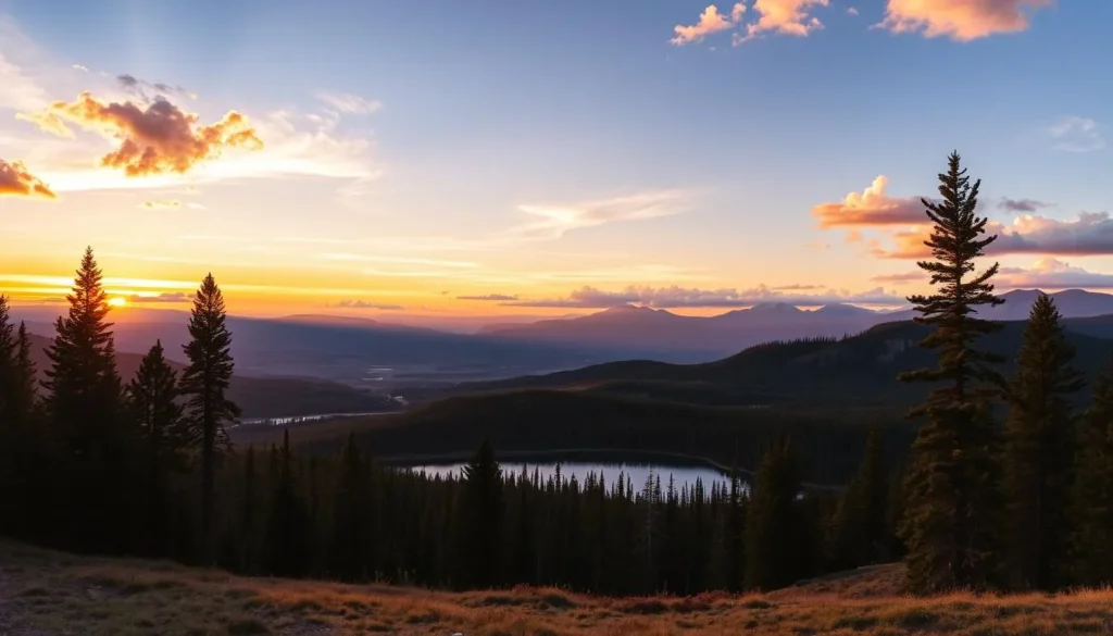 Sunset over Grand Mesa National Forest with alpenglow on the forests and lakes Sunset over Grand Mesa National Forest with alpenglow on the forests and lakes