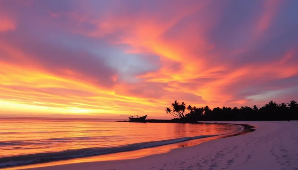 Sunset over Lakshadweep beach with orange and pink sky reflecting on calm waters