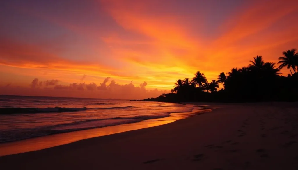 Sunset over Las Terrenas beach with silhouettes of palm trees