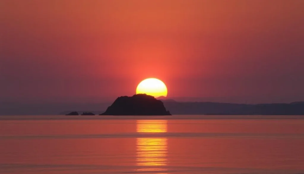 Sunset over Morro Bay with silhouettes of Turtle Rock and Morro Rock in the distance