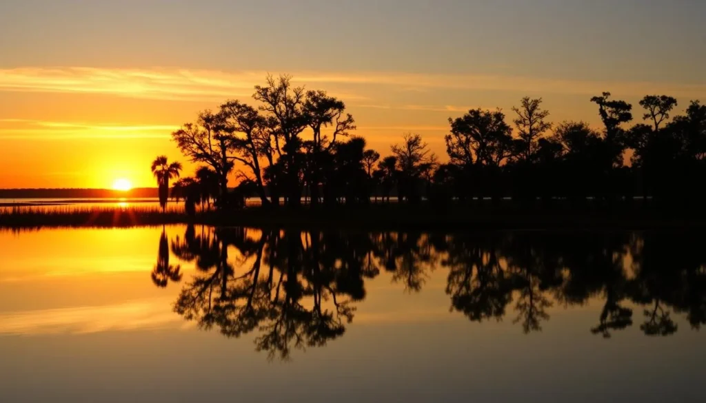 Sunset over Pearl River Wildlife Management Area with silhouetted cypress trees Sunset over Pearl River Wildlife Management Area with silhouetted cypress trees