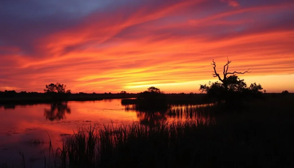 Sunset over Pecan Island marshlands with silhouettes of cypress trees Sunset over Pecan Island marshlands with silhouettes of cypress trees