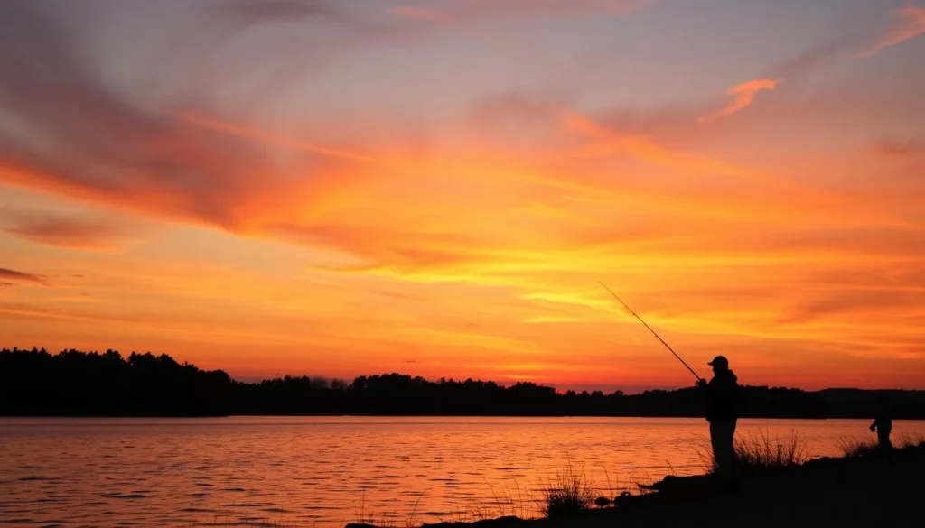 Sunset over Powerton Lake with silhouettes of trees and anglers