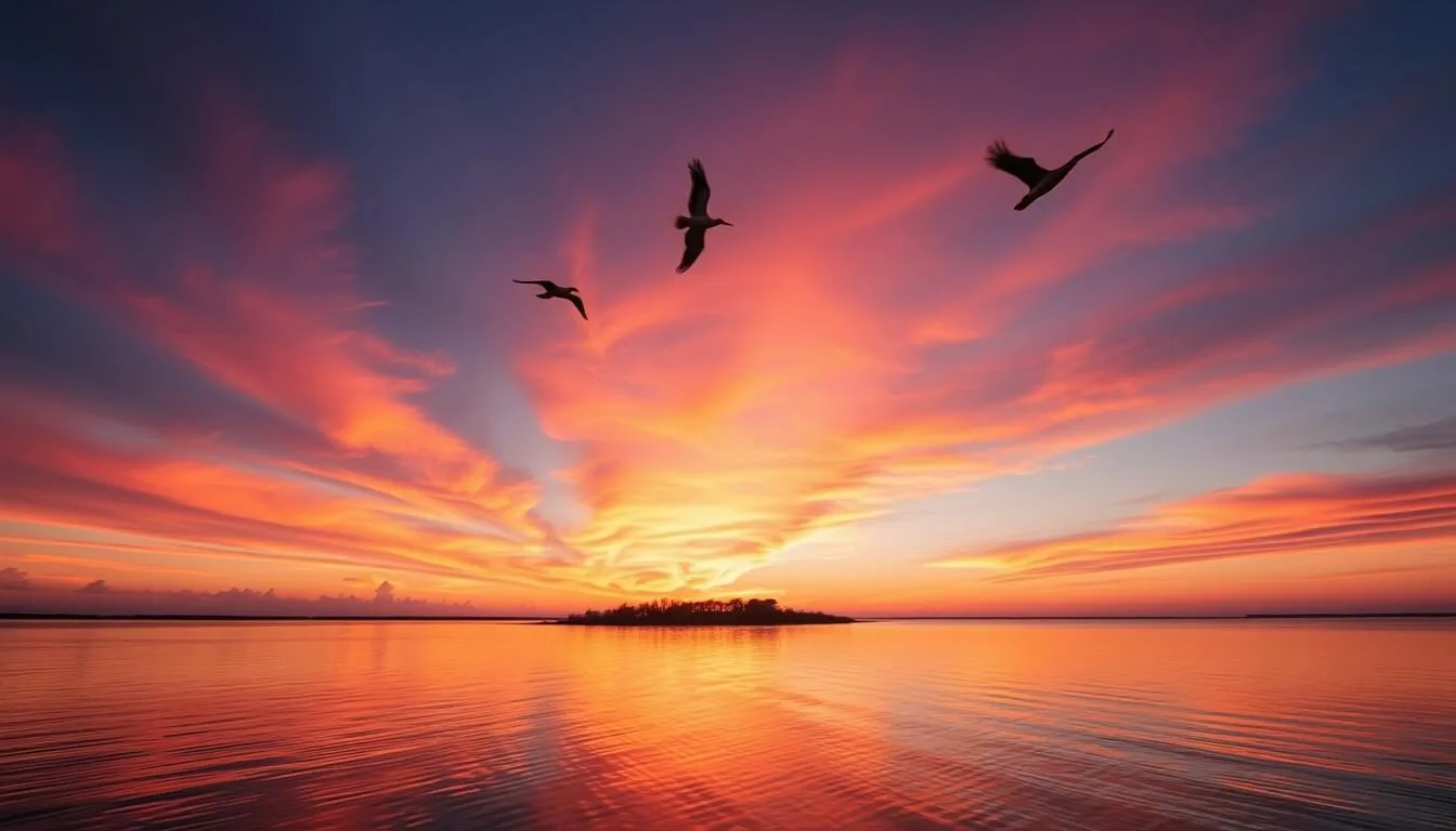 Sunset-over-Raccoon-Island-with-pelicans-flying-overhead-during-spring-season Sunset over Raccoon Island with pelicans flying overhead during spring season