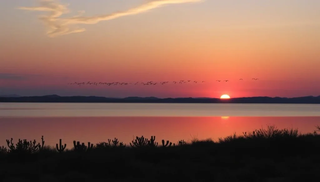 Sunset over Santa Rosa Lake with silhouettes of birds flying across the orange and purple sky Sunset over Santa Rosa Lake with silhouettes of birds flying across the orange and purple sky