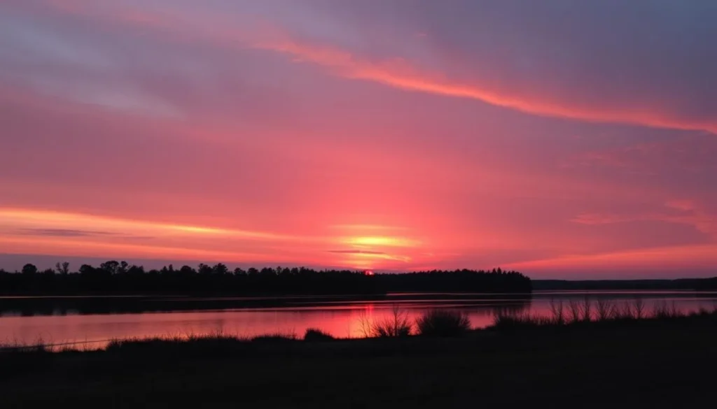 Sunset over Shabbona Lake with silhouettes of trees