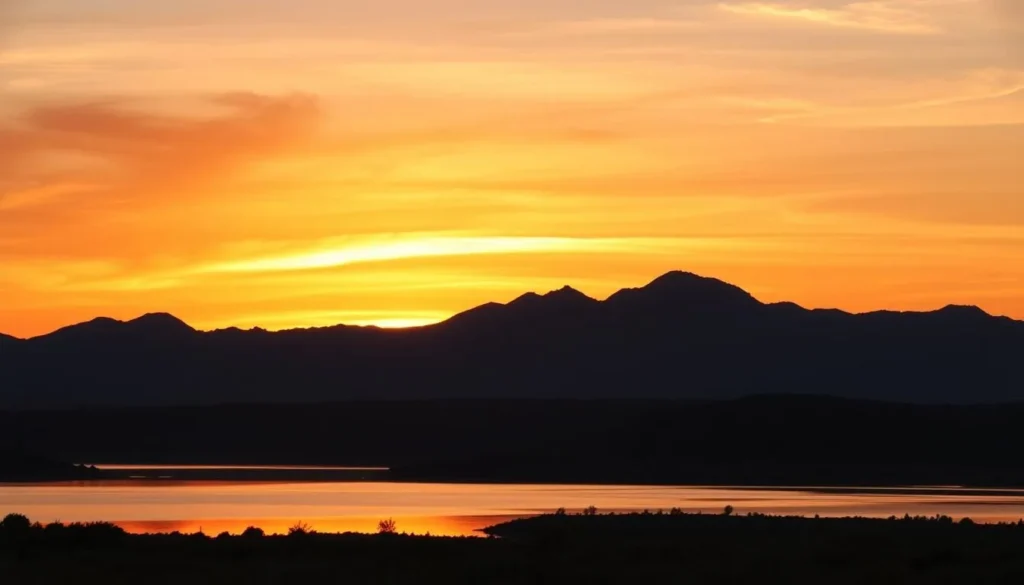 Sunset over Storrie Lake with mountains in the background Sunset over Storrie Lake with mountains in the background